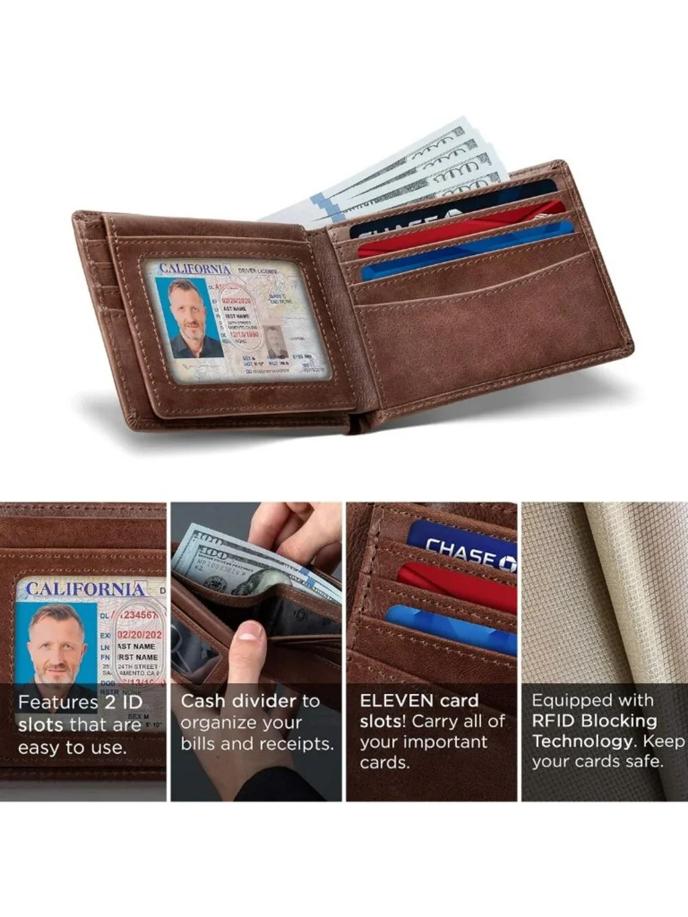 2 RFID Blocking Bifold Wallets for Men - Full Grain Leather, ID Window Design